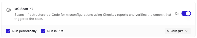 Per-template card with an On/Off toggle and Run periodically and Run in PRs checkboxes