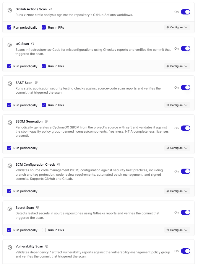 Built-in templates with their run mode checkboxes: scanners offering both Run periodically and Run in PRs, and SBOM Generation and SCM Configuration Check offering Run periodically only