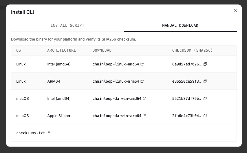 Pinned CLI version and checksums in install dialog