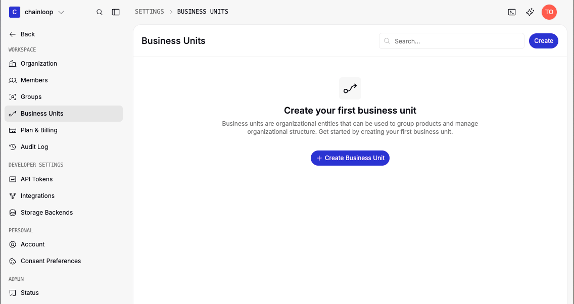 The Business Units settings page with the Create Business Unit button