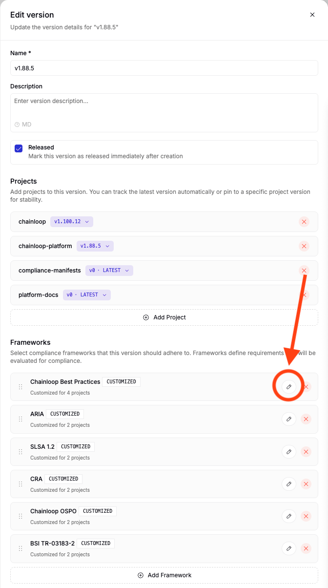 The Edit Version form with framework cards and their edit buttons