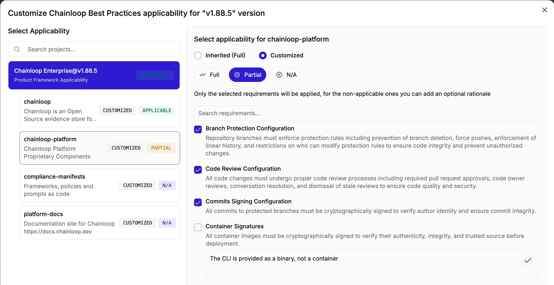 Customizing framework applicability for a project with inherited or customized full, partial, and N/A options