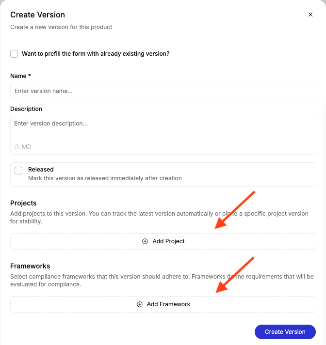 The Create Version form with the Add Project and Add Framework options