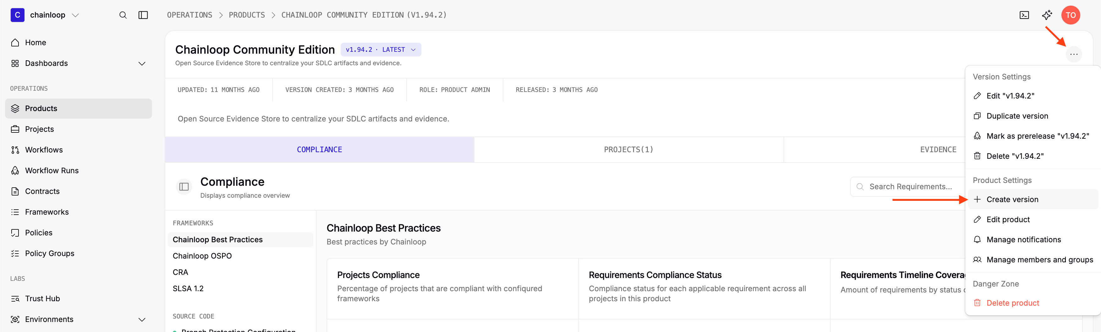 The product actions menu with the Create version option highlighted