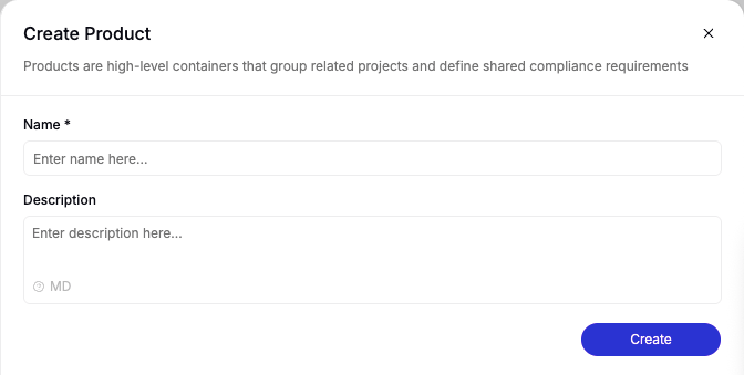 The Create Product form with name and description fields