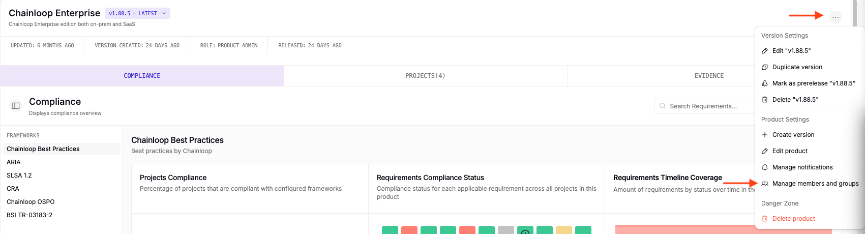 The product actions menu with the Manage members and groups option