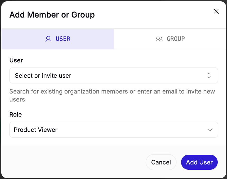 The Add Member or Group dialog with the product role selector