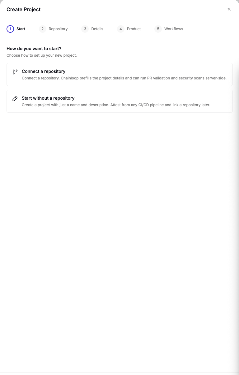 The Create Project wizard, starting with a repository or standalone setup
