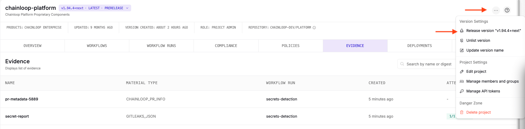 The project actions menu with the Release version option