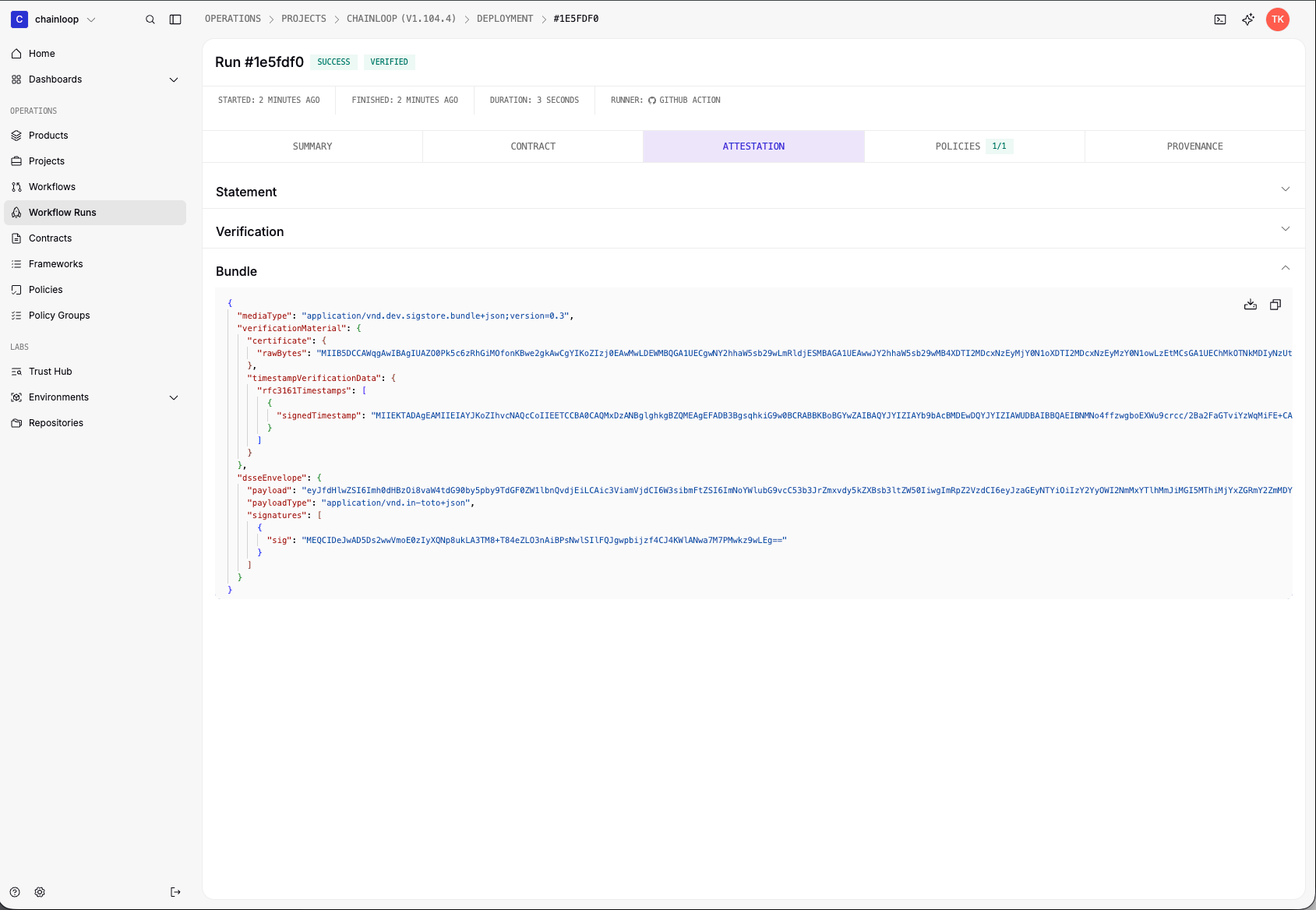 The Attestation tab of a workflow run with the in-toto statement and verification instructions