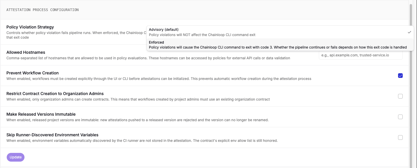 The Policy Violation Strategy setting in the organization settings