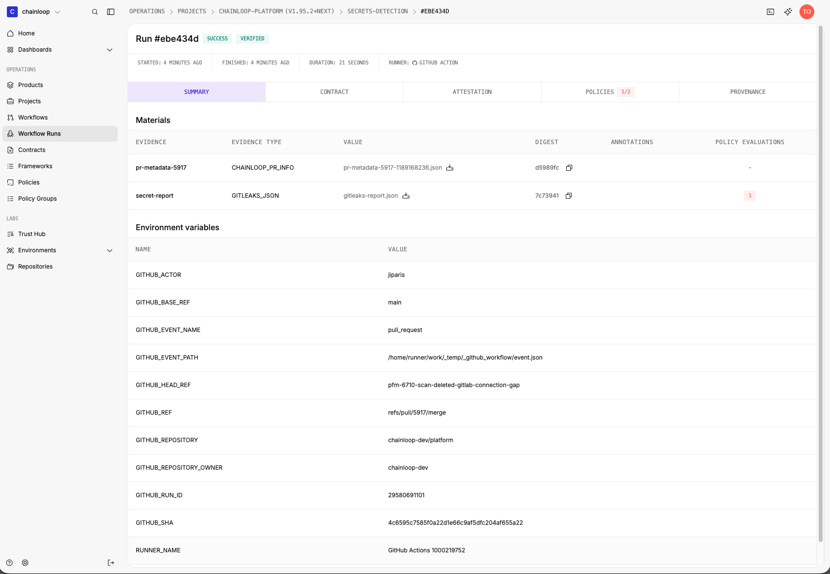 Workflow runs view in the Chainloop UI showing the attestation we just created