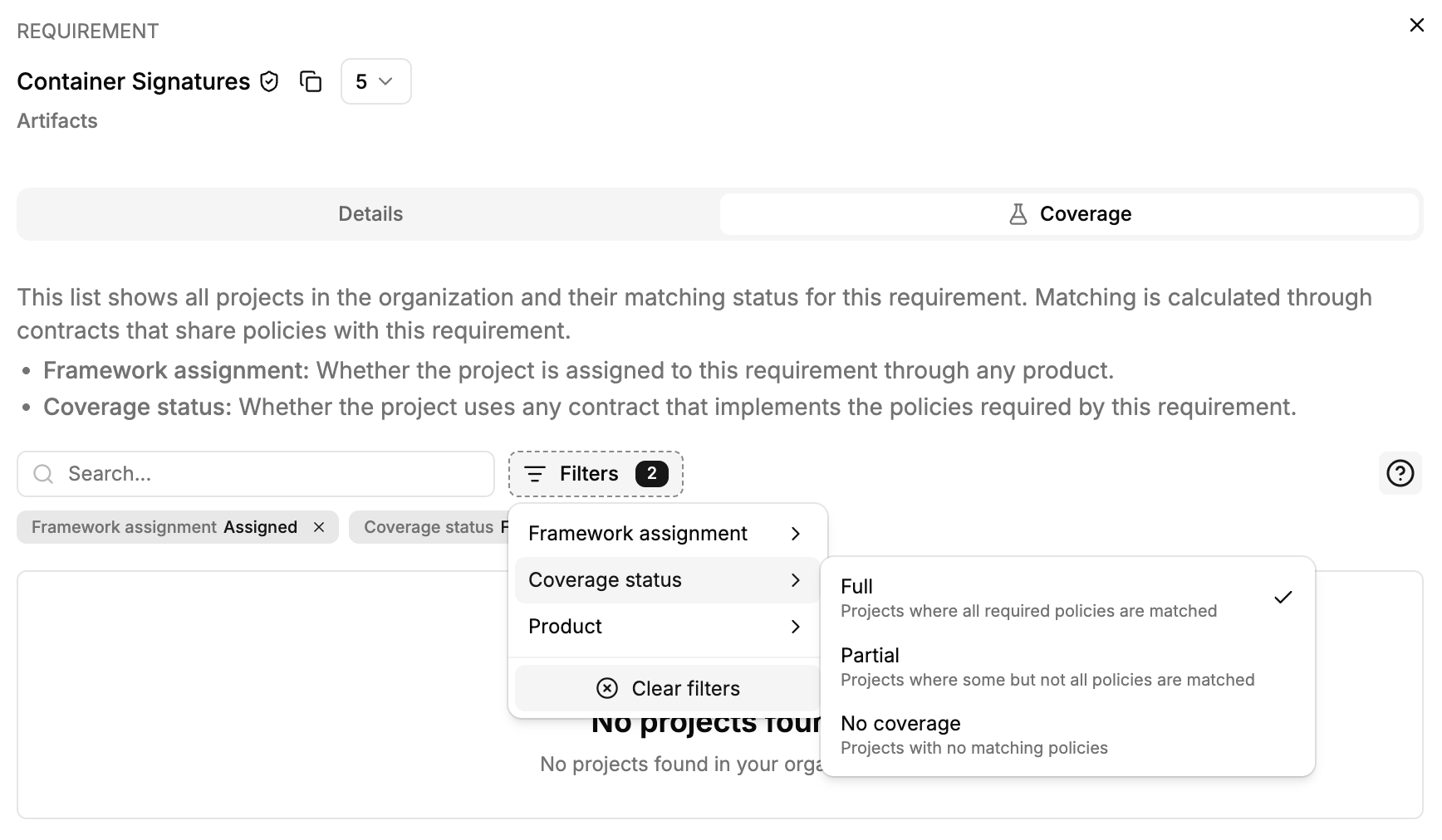 Coverage status filters