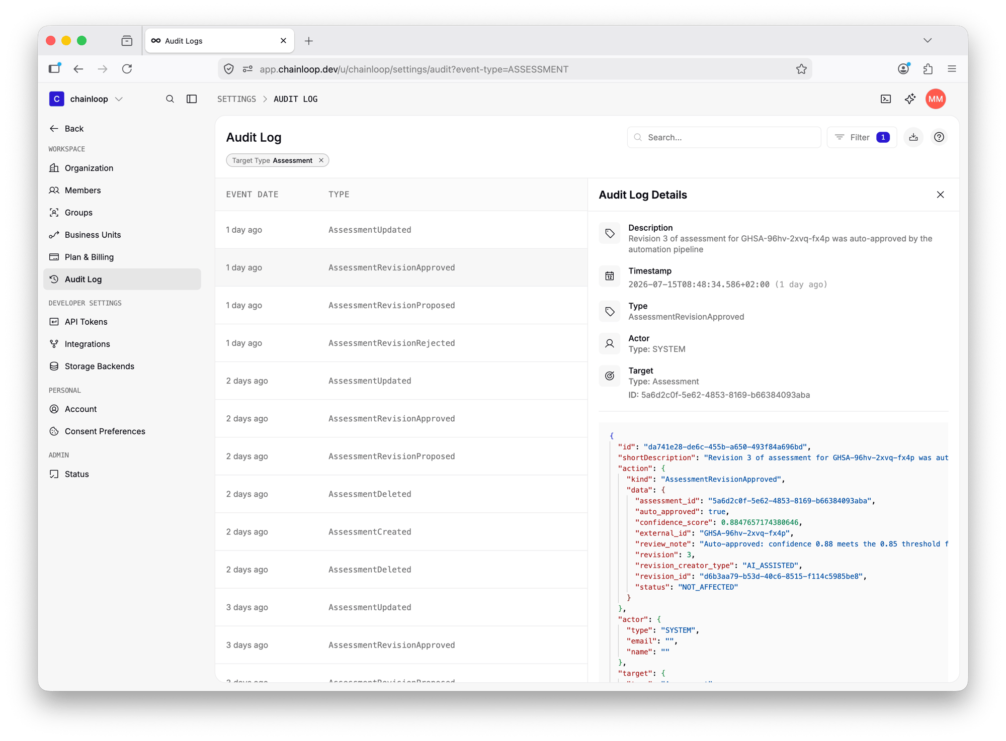 Audit log entry showing an assessment revision auto-approved by the automation pipeline, with a SYSTEM actor and the confidence score, threshold, and verdict recorded in the event details