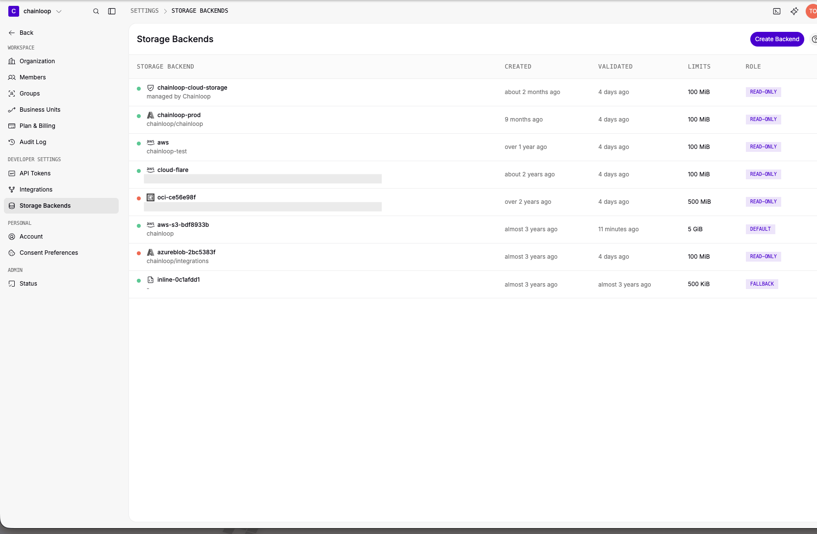 The Storage Backends list with each backend's validation status, limits and role