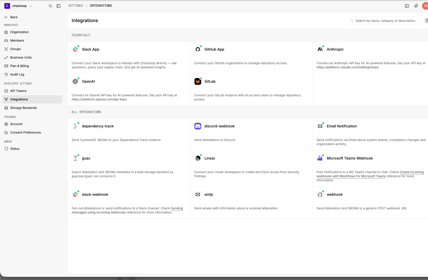 The Integrations catalog listing essential apps and all available integration types