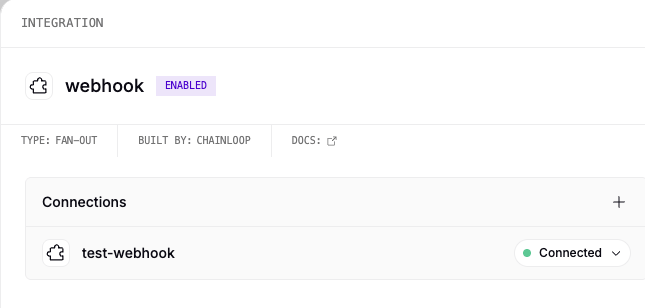 The webhook integration detail panel showing its existing connections