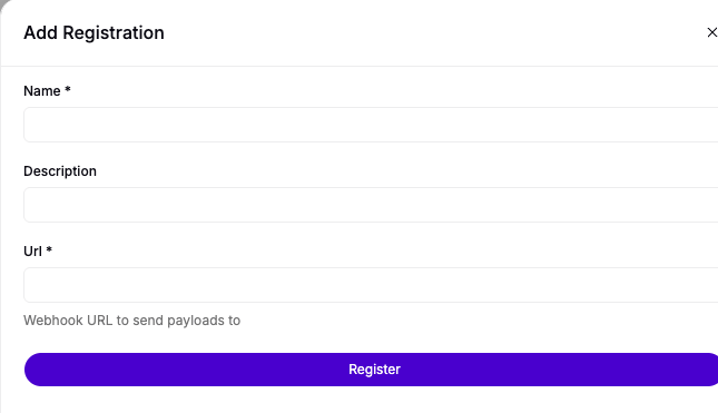 The Add Registration form for the webhook integration