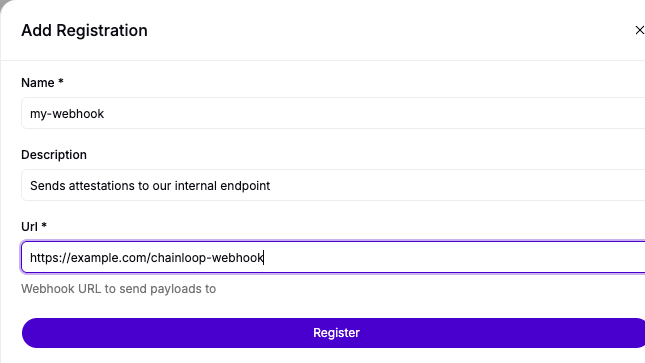 The Add Registration form filled in with a name and webhook URL