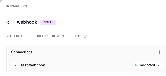 The webhook integration Connections list showing the registered connection