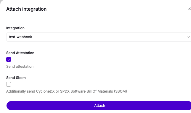 The Attach integration drawer with the Send Attestation and Send SBOM options
