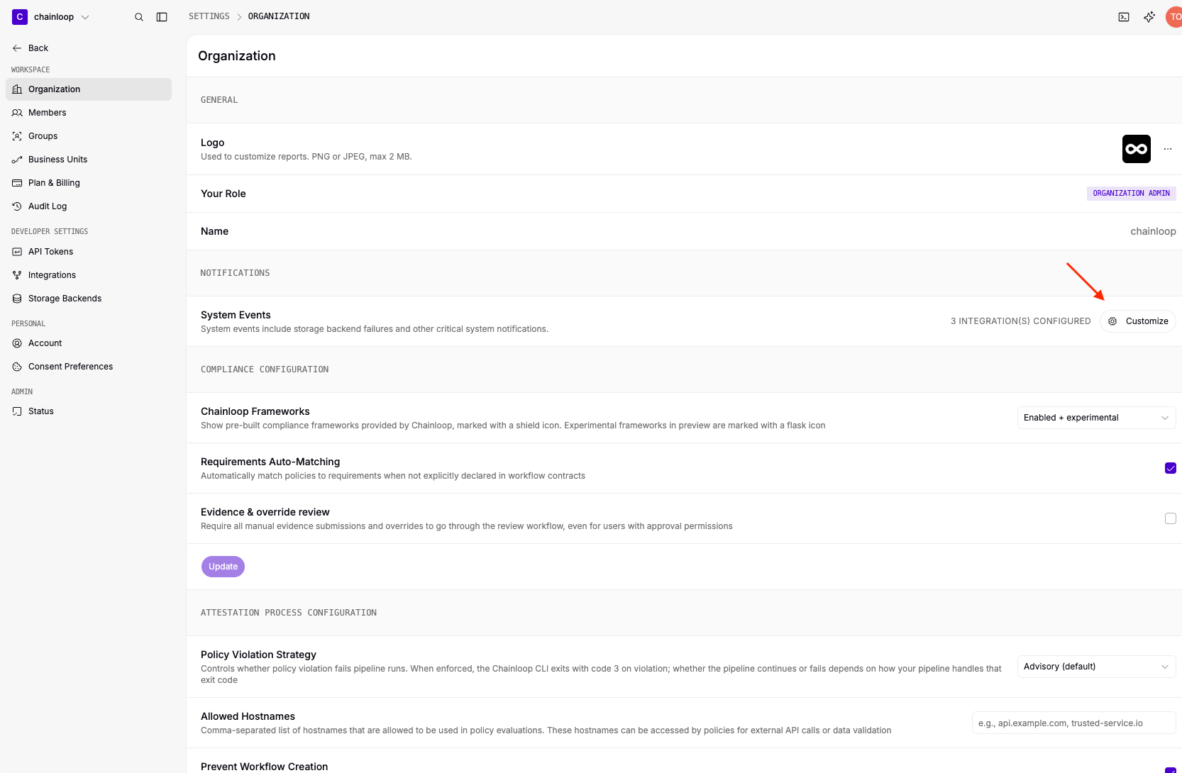 The Organization settings page with the notifications section and Customize button