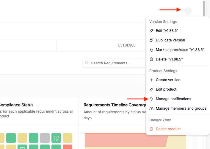The product actions menu with the Manage notifications option