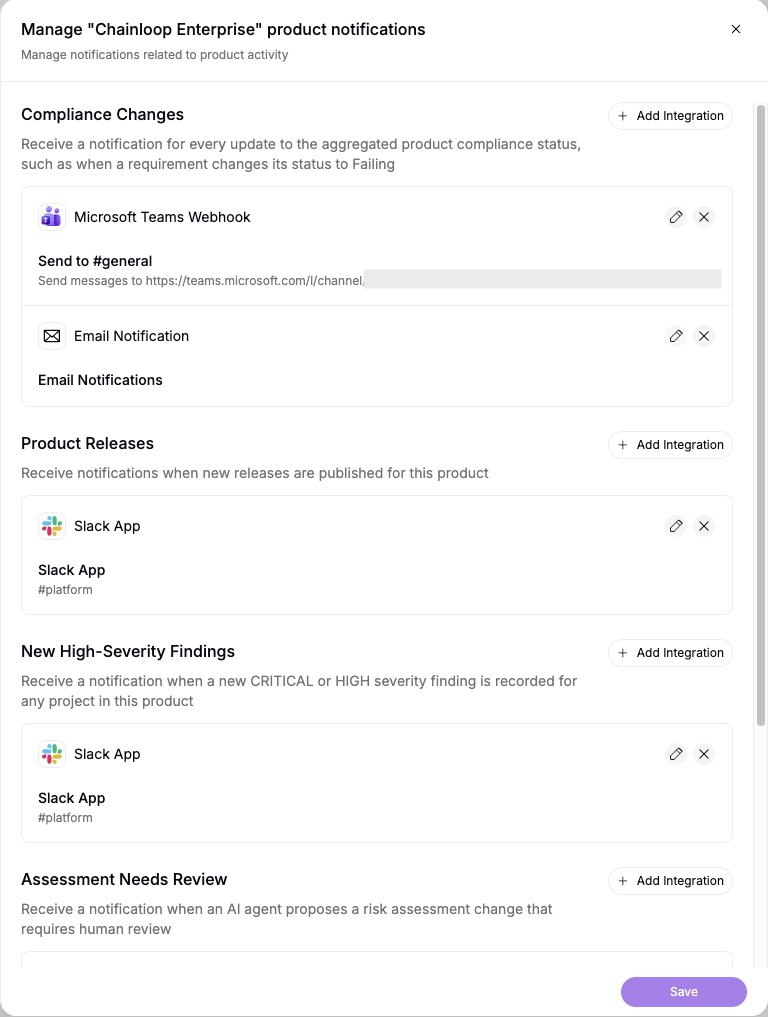 The product notifications drawer with integrations configured per event type