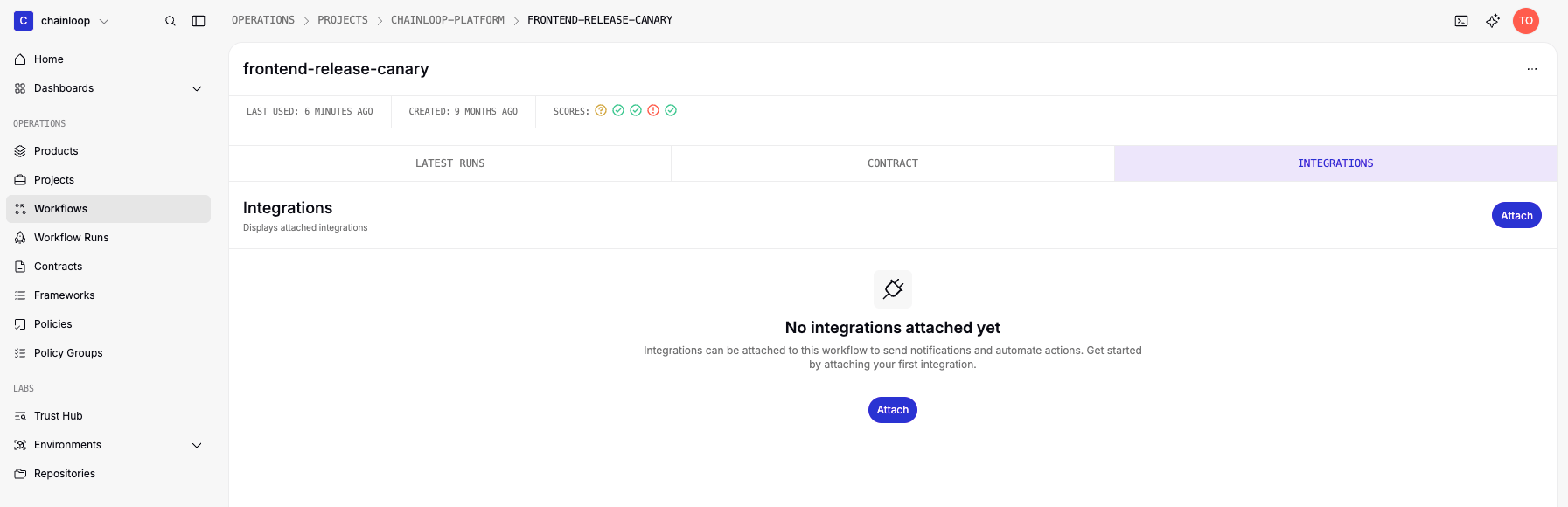 The Integrations tab of a workflow with the Attach button