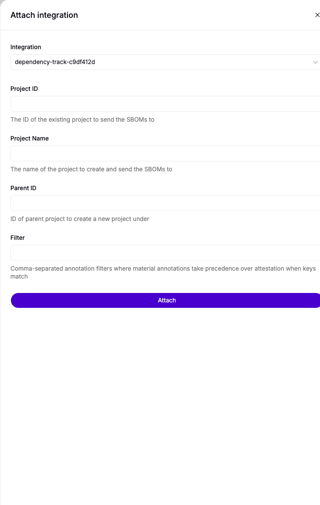 The Attach integration drawer with the Dependency-Track project options