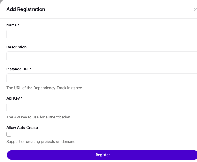 The Dependency-Track Add Registration form with instance URI and API key inputs