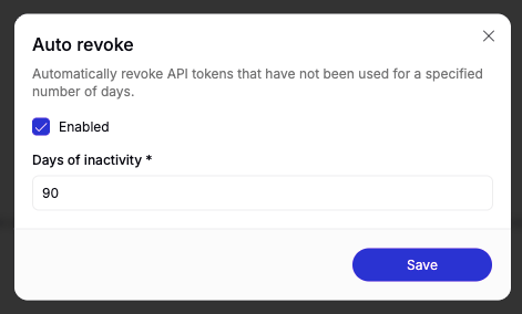 The Auto revoke dialog configuring the days of inactivity threshold