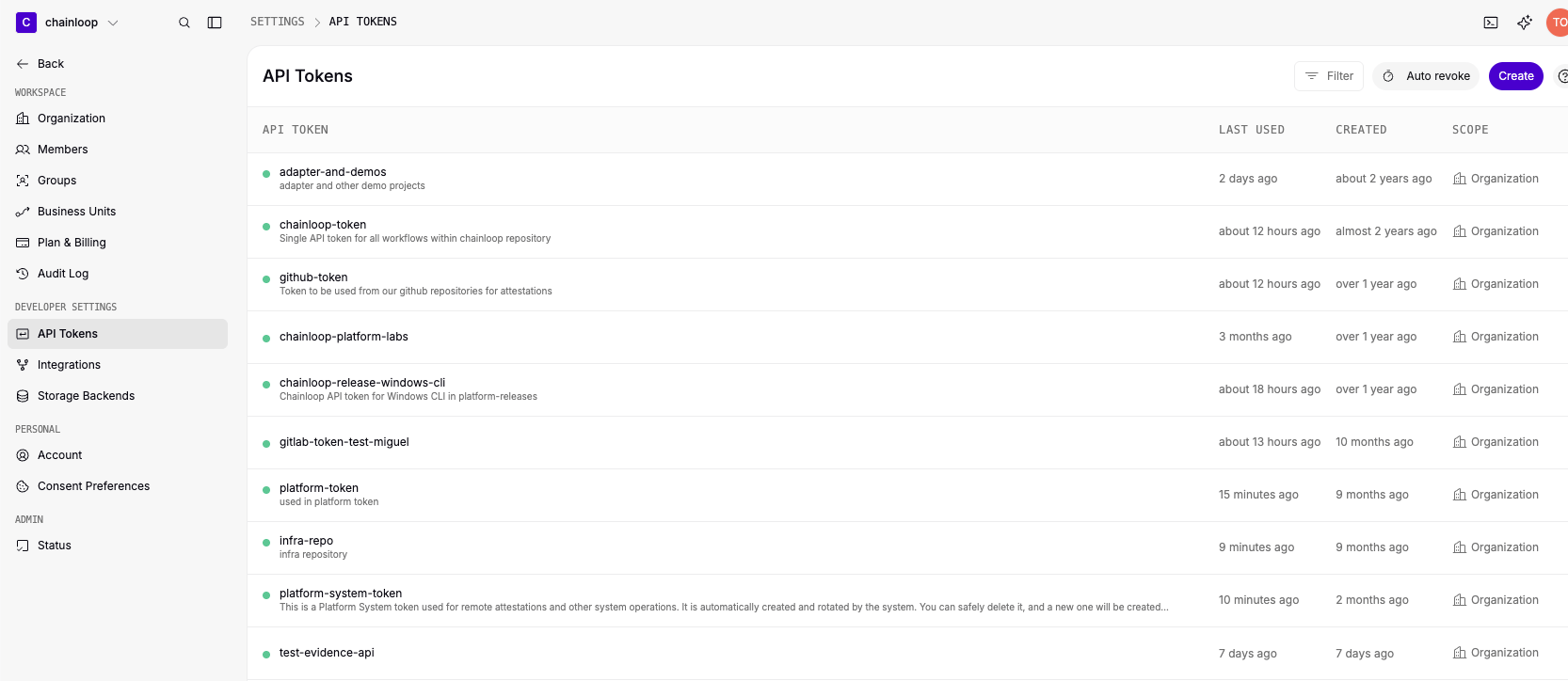 The API Tokens settings page listing organization tokens