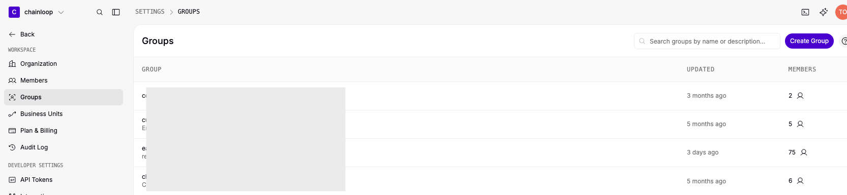 The Groups settings page listing organization groups