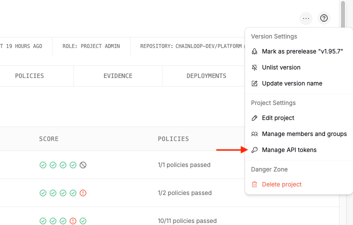 The project actions menu with the Manage API tokens option