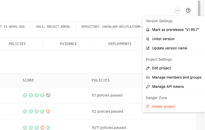 The project actions menu with version and project settings options
