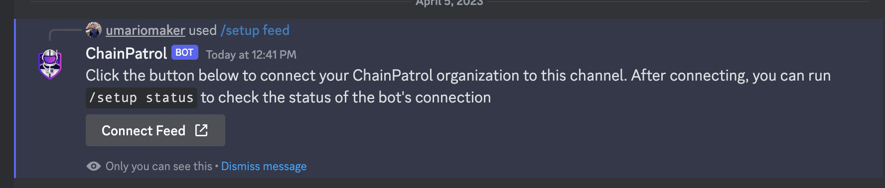 Image showing the Discord bot's response to the setup feed command