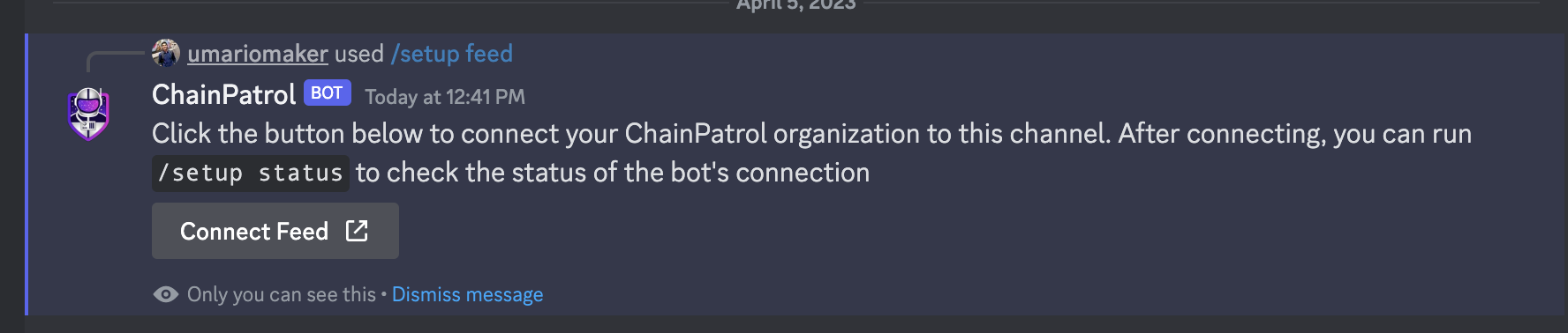 Image showing the Discord bot's response to the setup feed command