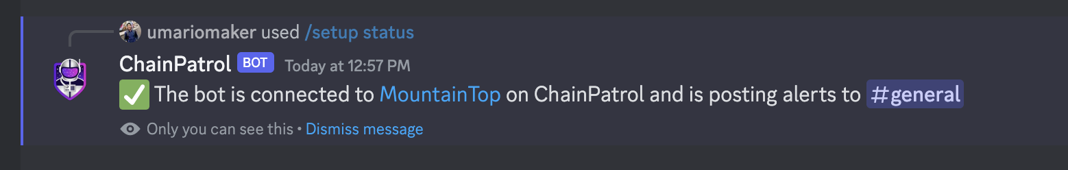 Image showing the Discord bot's response to the setup status command after setting up the feed