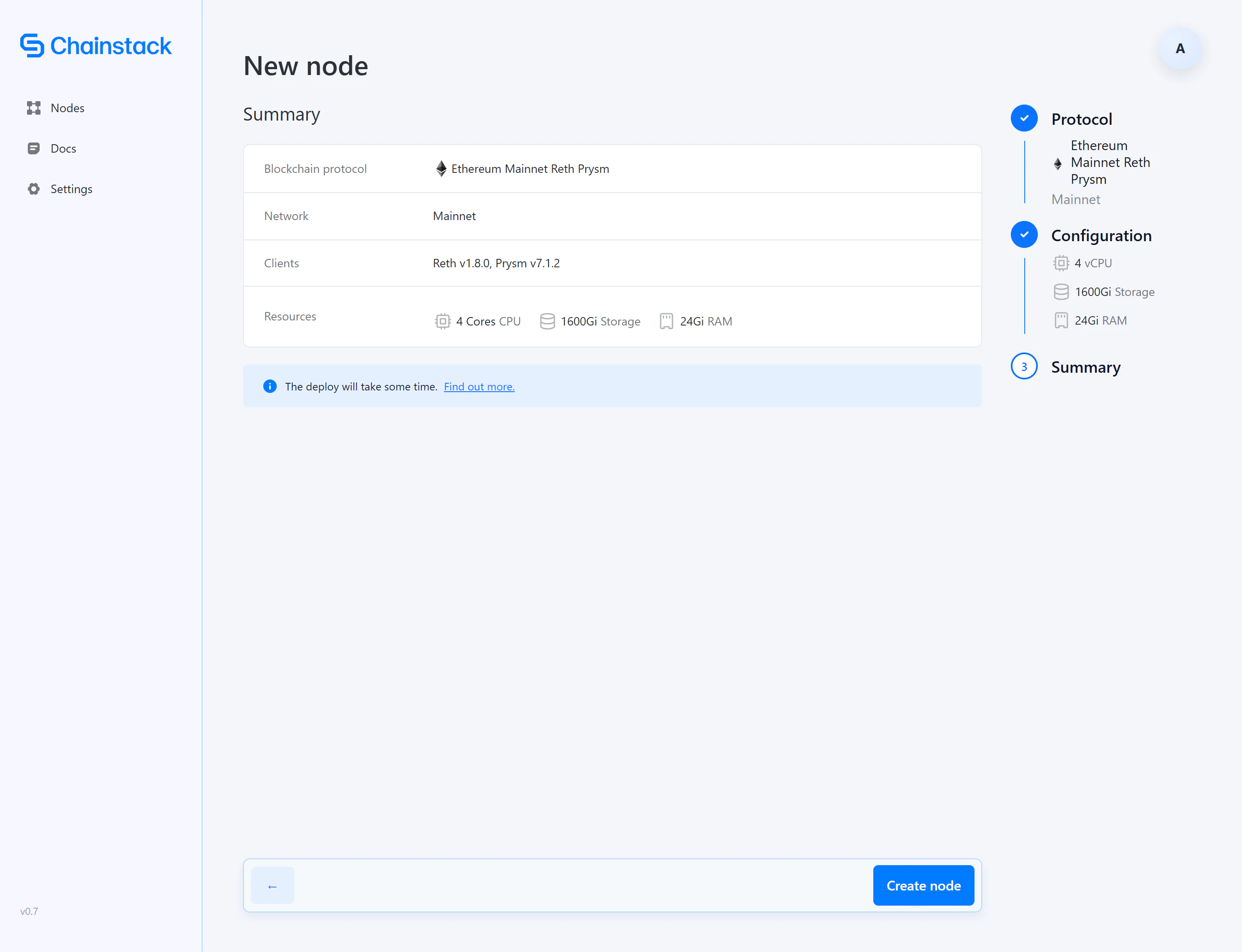 Chainstack Self-Hosted node creation page