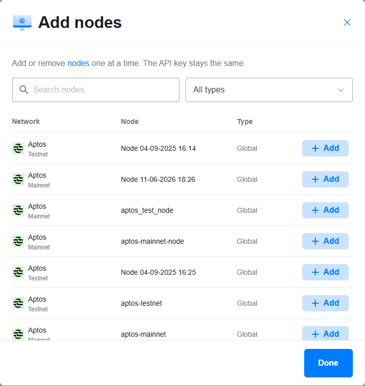 The Add nodes dialog on Chainstack with a search field, a type filter, and a list of nodes with an Add button next to each