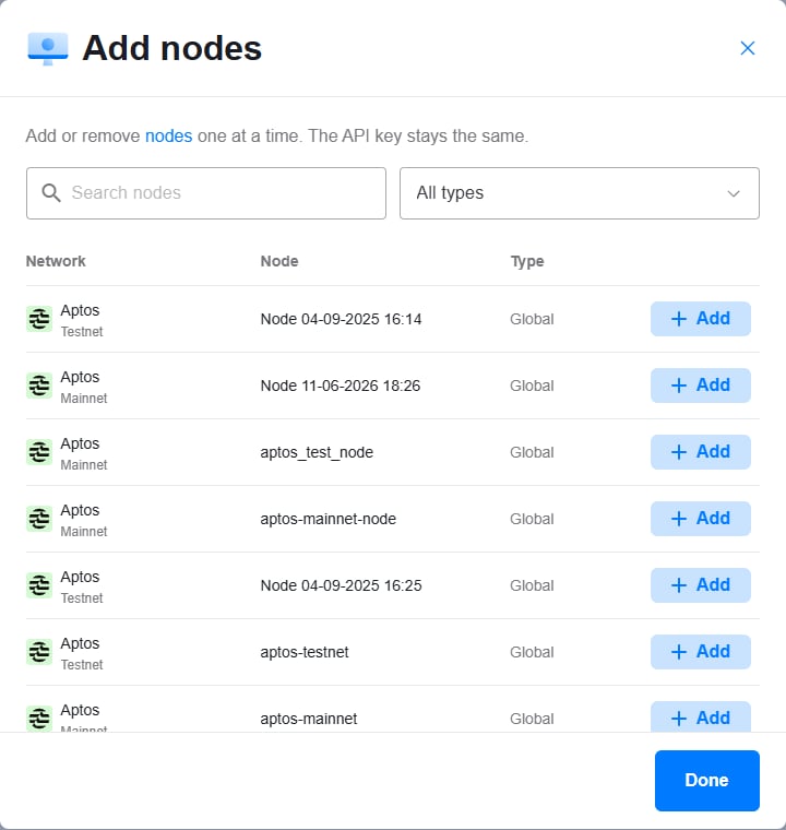 The Add nodes dialog on Chainstack with a search field, a type filter, and a list of nodes with an Add button next to each