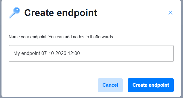 The Create endpoint dialog on Chainstack with a name field prefilled with a default name and Cancel and Create endpoint buttons