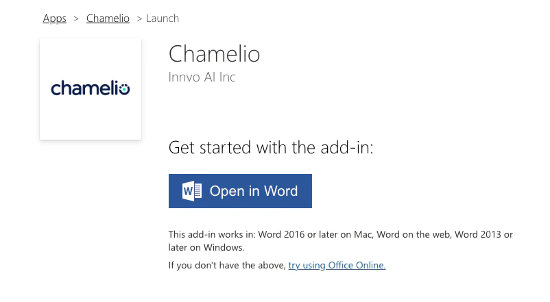 Installation page with Open in Word button