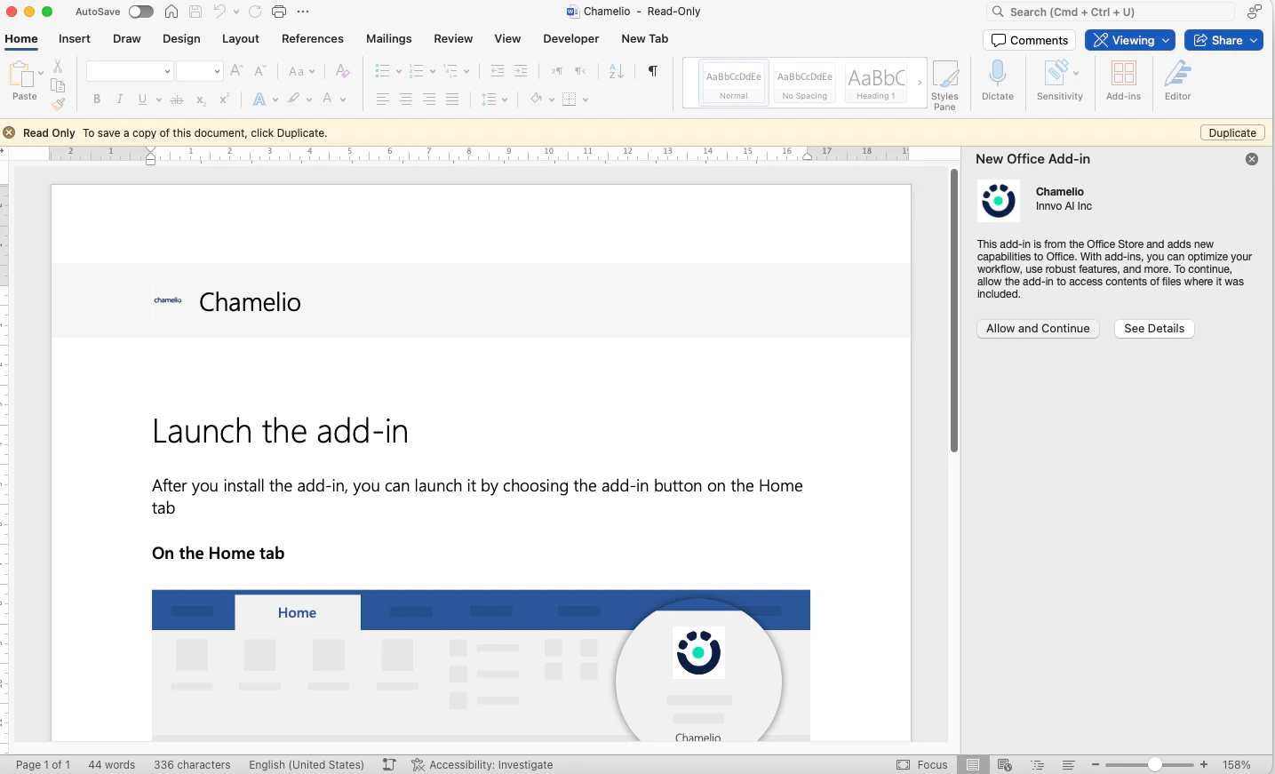 Word add-in permission dialog