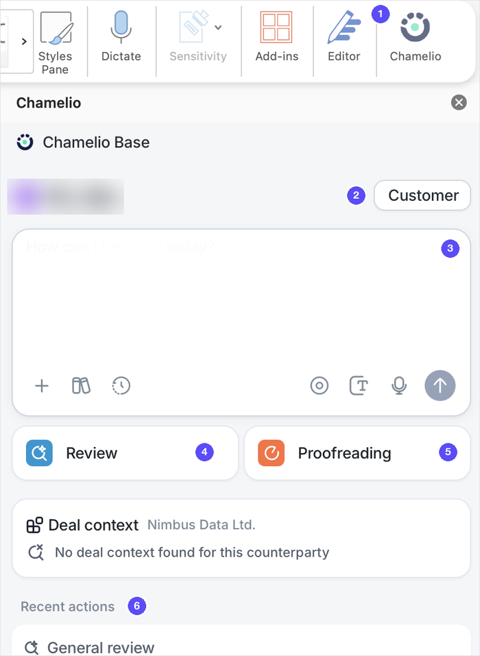 Word ribbon and the Chamelio panel on the Home tab, with numbered badges: 1 Chamelio button, 2 your party, 3 chat box, 4 Review, 5 Proofreading, 6 Recent actions