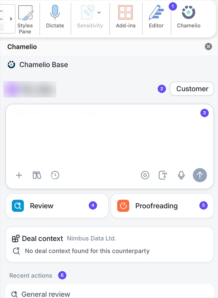 Word ribbon and the Chamelio panel on the Home tab, with numbered badges: 1 Chamelio button, 2 your party, 3 chat box, 4 Review, 5 Proofreading, 6 Recent actions