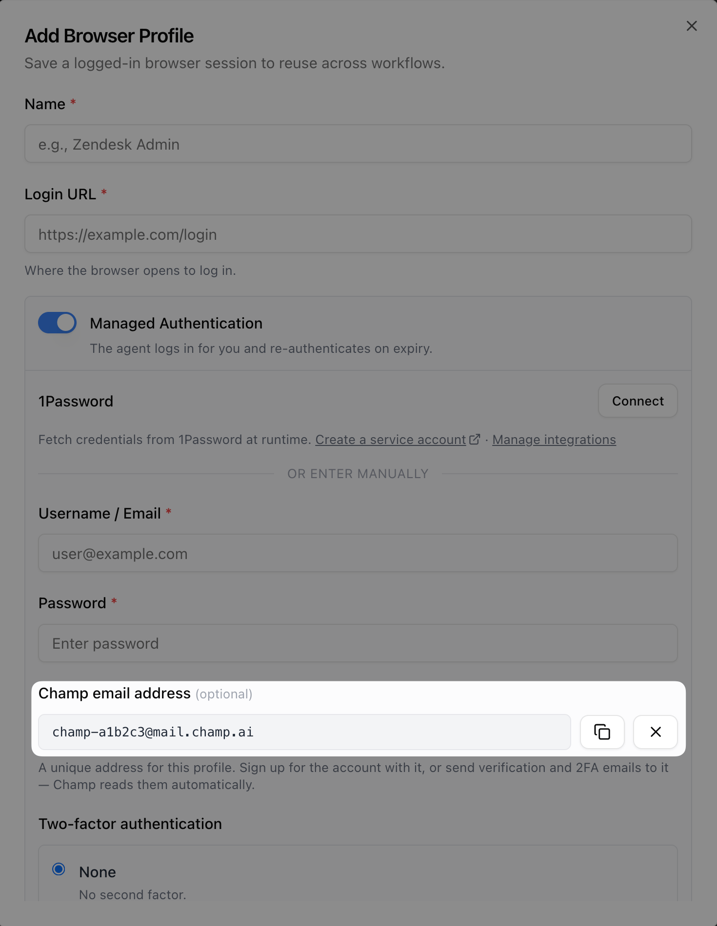 Add Browser Profile dialog with the Champ email address field highlighted, showing the generated address with copy and remove buttons