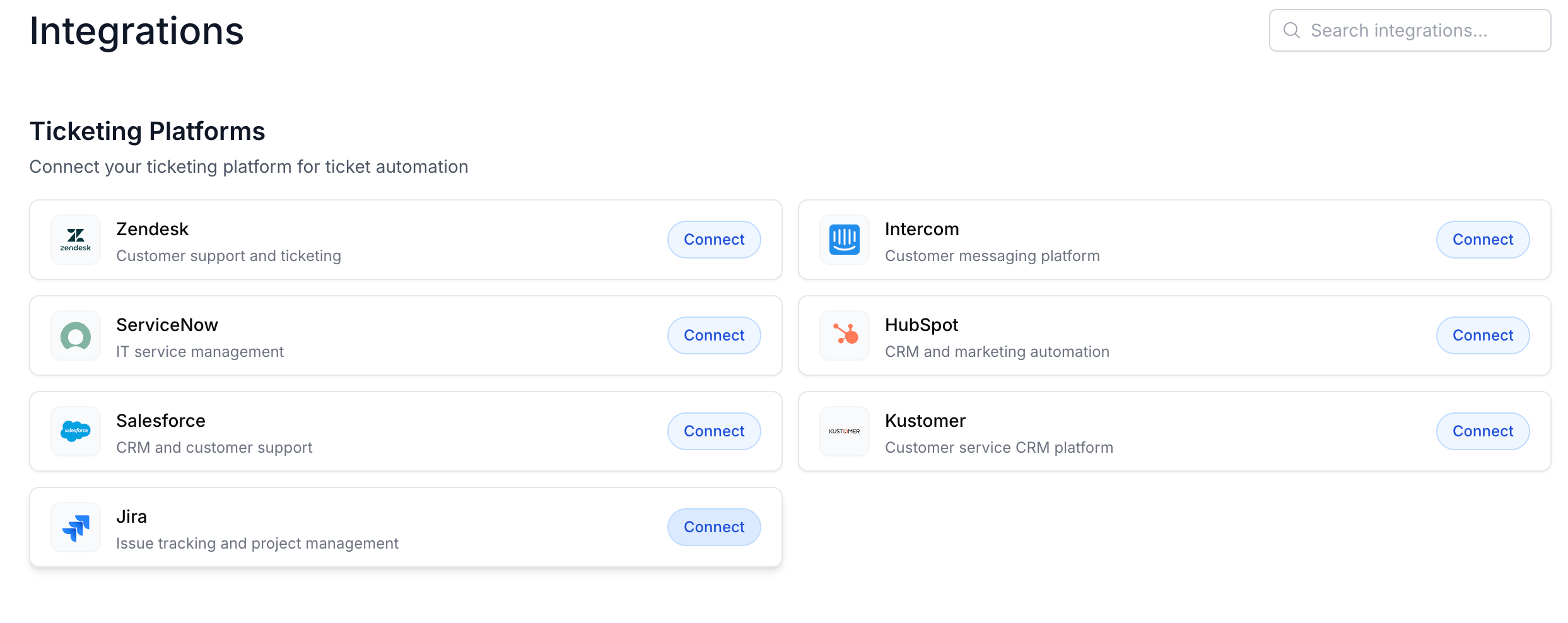 Ticketing Platforms list with Zendesk, Intercom, ServiceNow, HubSpot, Salesforce, Kustomer and Jira cards