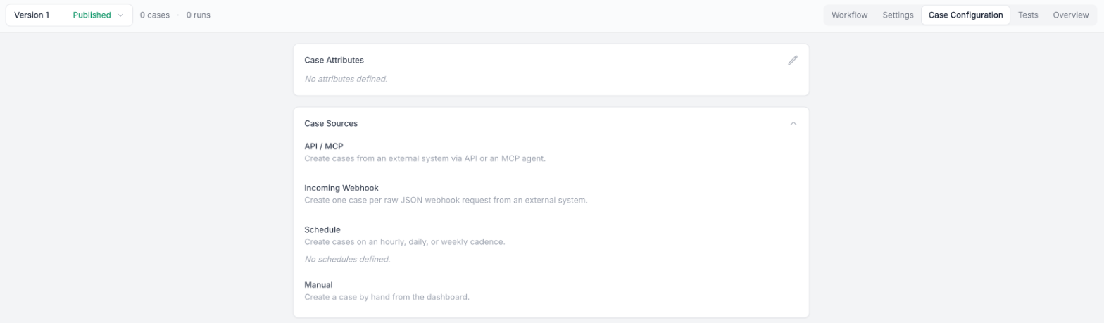 Case Sources panel listing API / MCP, Incoming Webhook, Schedule, and Manual